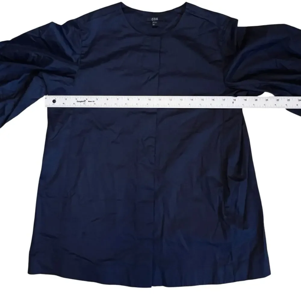 COS Women’s Sz 4 Navy Blue Gathered Puff Sleeve Blouse Stretch Cotton Top - Picture 12 of 15
